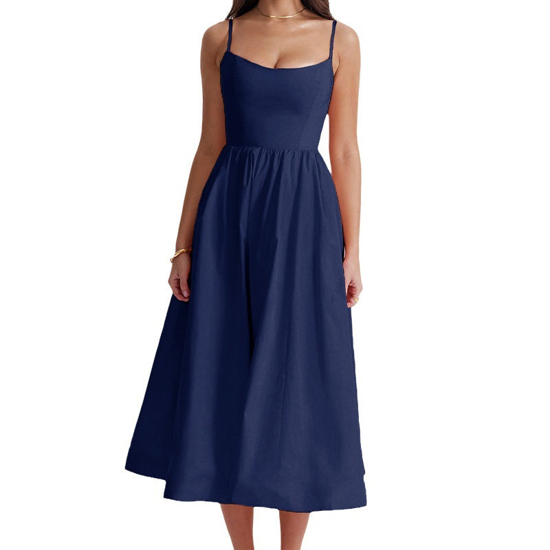 Women Clothing Solid Color Sexy Backless Spaghetti Straps Large Swing Dress Women