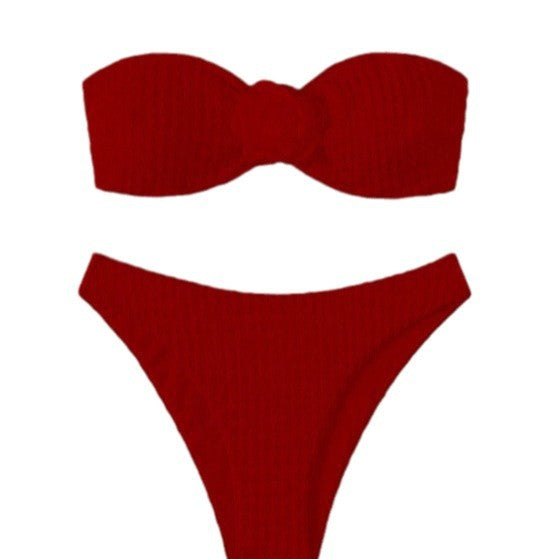 Split Sunken Stripe Pages Fabric Swimsuit Women Solid Color Bikini Two Piece Swimsuit