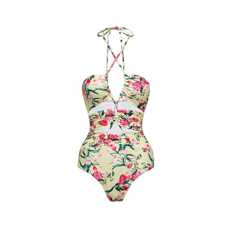 Vintage Floral Strap Hollow Out Cutout out Swimsuit Women Dress