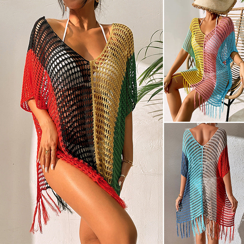 New Contrast Color Sexy Loose Pullover V-neck Tassel Hollow Out Cutout out Beach Sun Protection Clothing Bikini Beach Cover-up Crochet hook