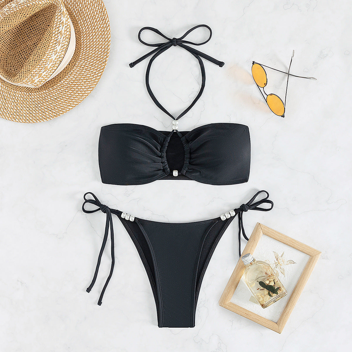 Bikini Halter Lace up Pearl Sexy Split Bikini Swimsuit Women