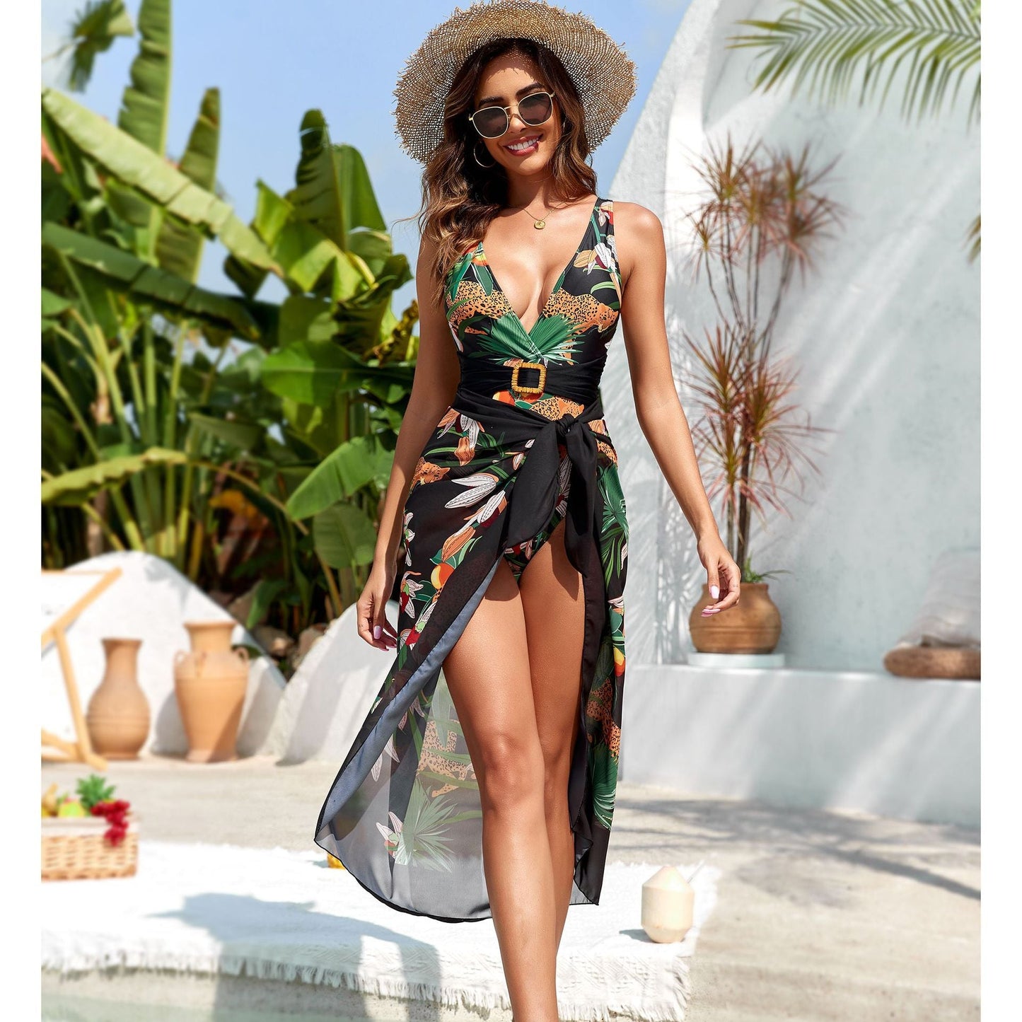 Printed One Piece Swimsuit Swimsuit Gauze Skirt Two Piece Swimsuit