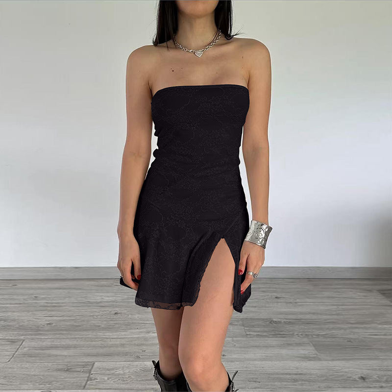 Women Tube Top Stitching Lace Slim Sexy Slit Short Dress
