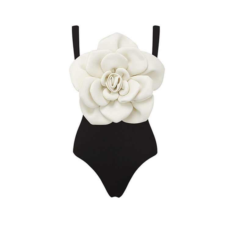 Black White Three Dimensional Big Floral One Piece Swimsuit Women Beach Vacation Suit Skirt
