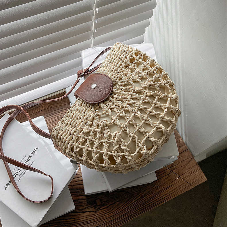 Fresh Hollow Out Cutout Semicircle Straw Bag Shoulder Crossbody Casual Straw Bag Woven Bag Vacation Beach Bag