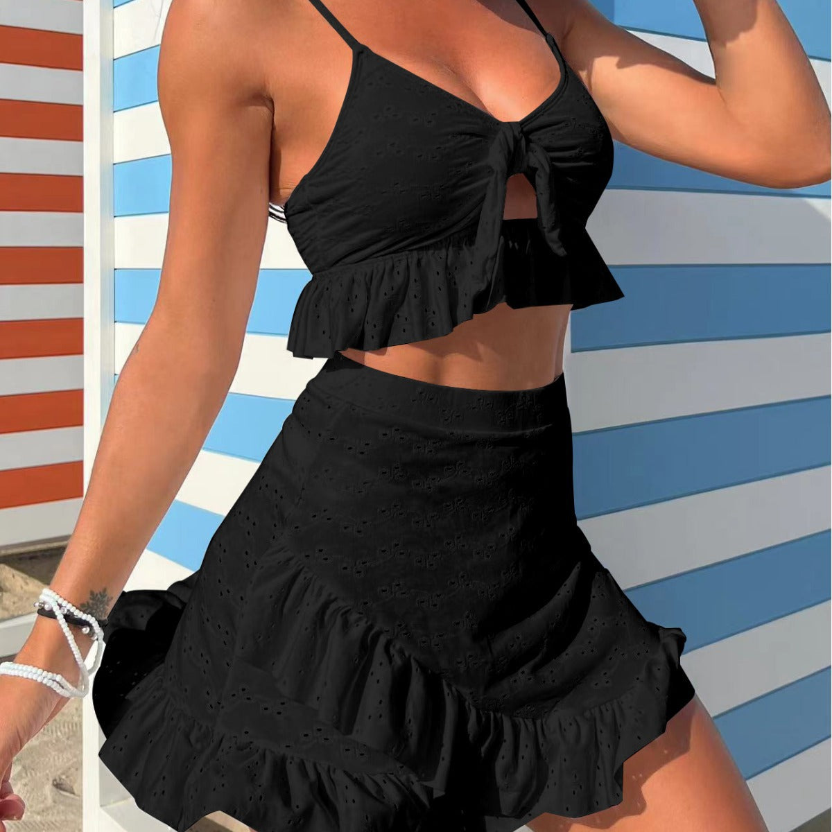 Solid Color Floral Special Fabric Three Piece Swimsuit Bikini