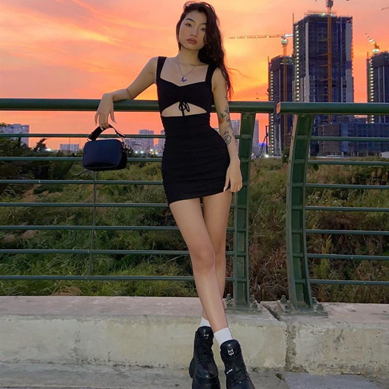 Summer Pleating Solid Color Tied Sexy Tight Sexy Strap Dress