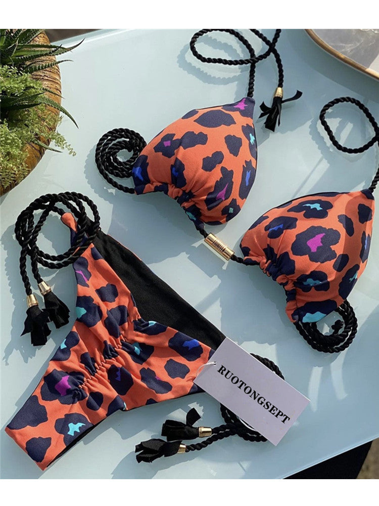 Bikini Soft Bag Low Waist Braid Rope Printed Women Seperated Swimwear Multi Color Swimsuit