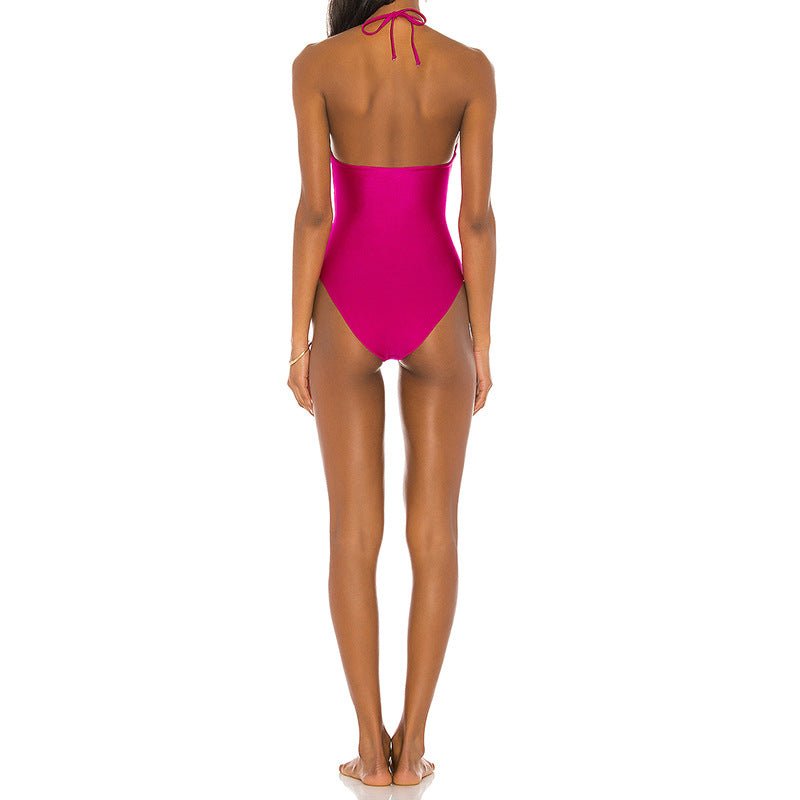 Solid Color One Piece Swimsuit Outer Single Women Swimsuit Solid Color Cutout Rope One Piece Bikini