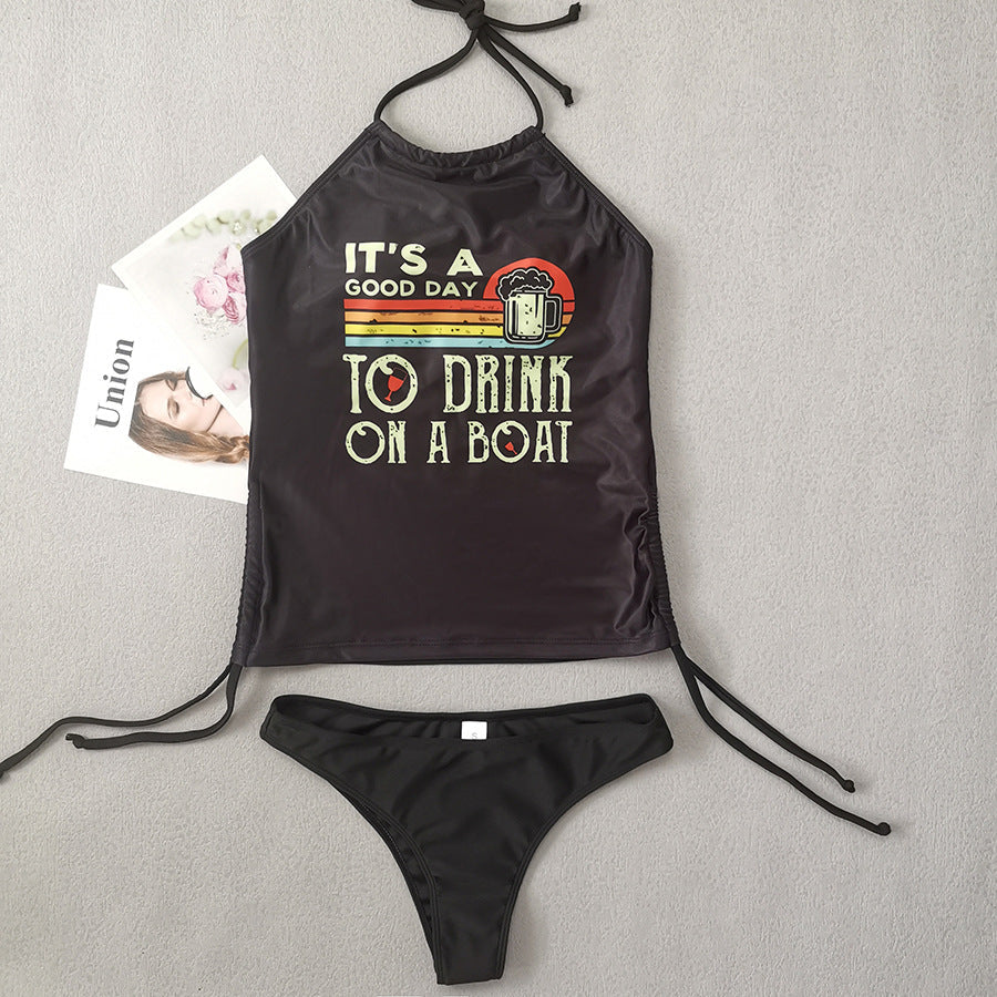 Coconut Tree Printed Lace up Swimsuit Conservative Belly Covering Women Bikini