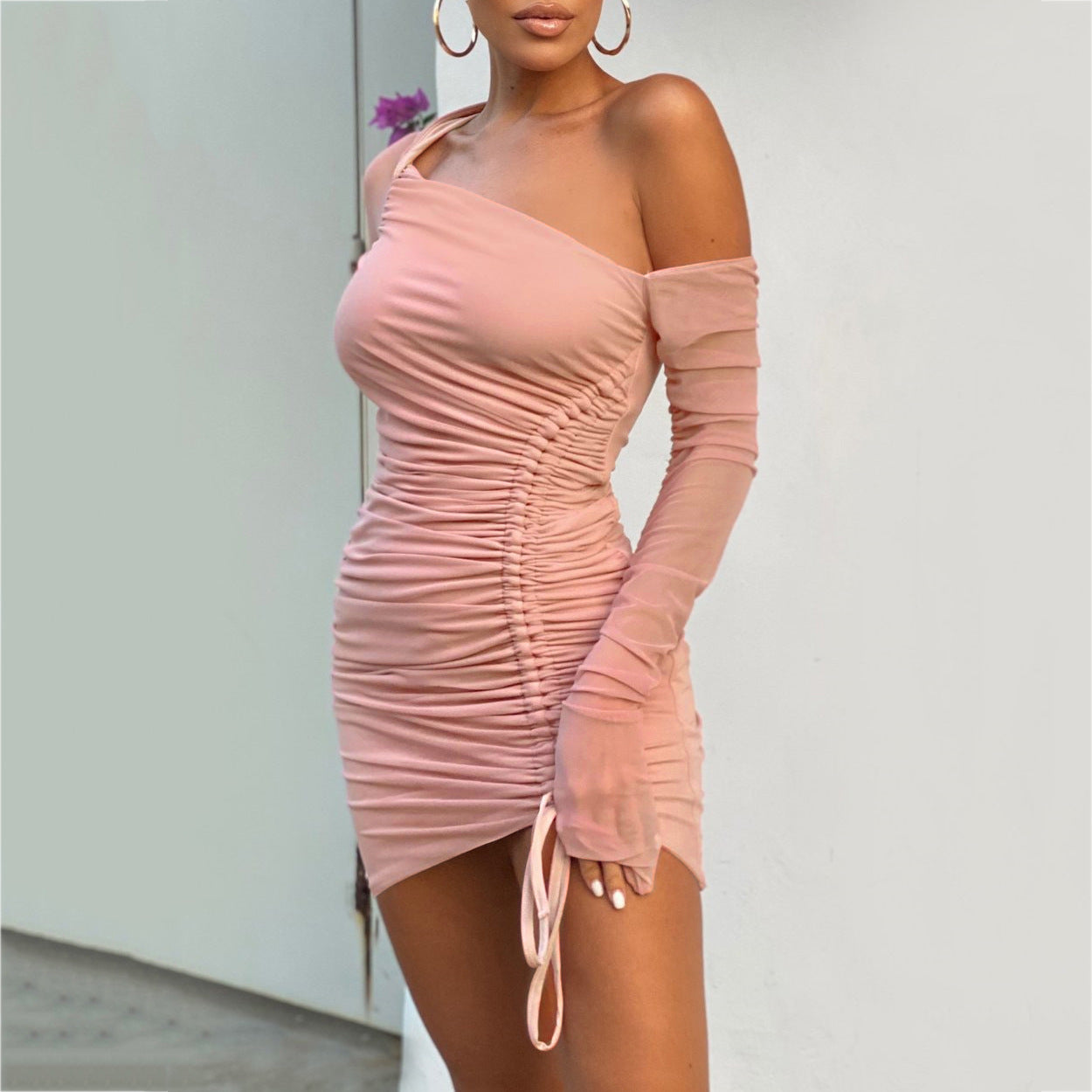 Summer Sexy Mesh Sloping-Shoulder off the-Shoulder Long Sleeve See-through Pleating Dress