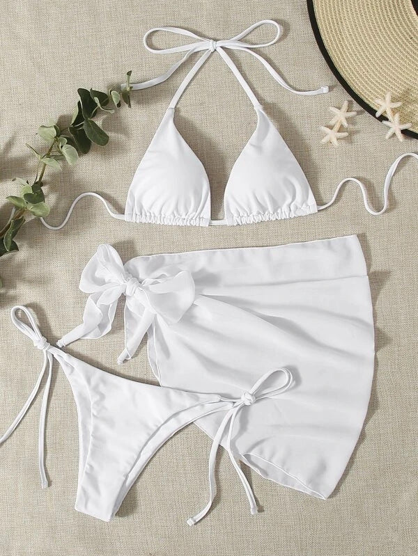 Solid Color Triangle Cup Bandage Sexy Bikini Three Piece Swimsuit