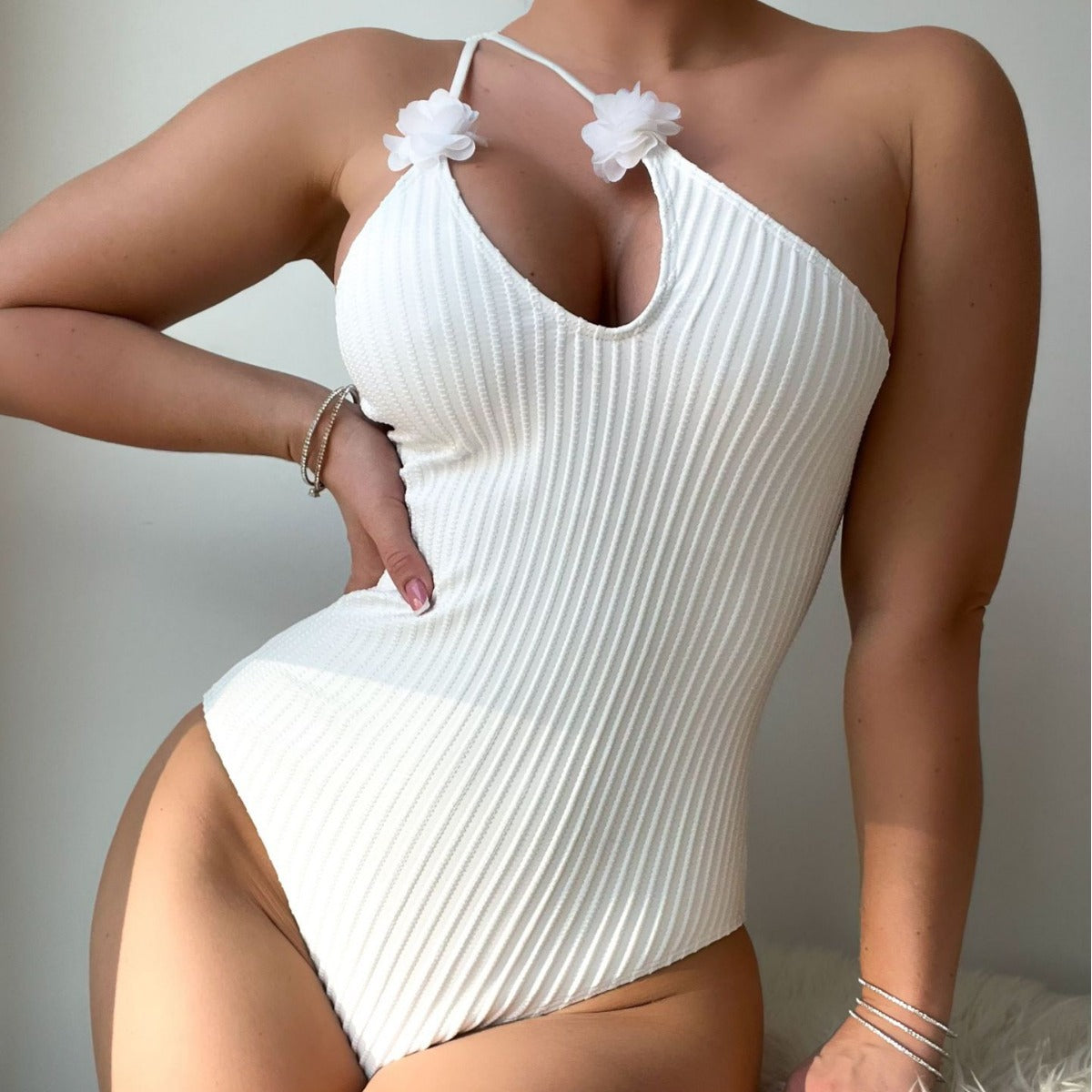 Solid Color One Piece Special Fabric Small Floral Swimsuit Swimsuit Bikini Bikini