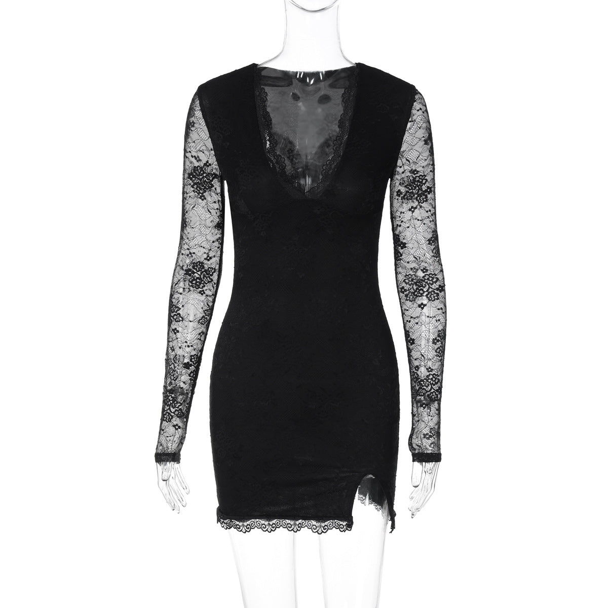 Women Clothing Autumn Winter Sexy Mesh Stitching Long Sleeve Narrow Dress