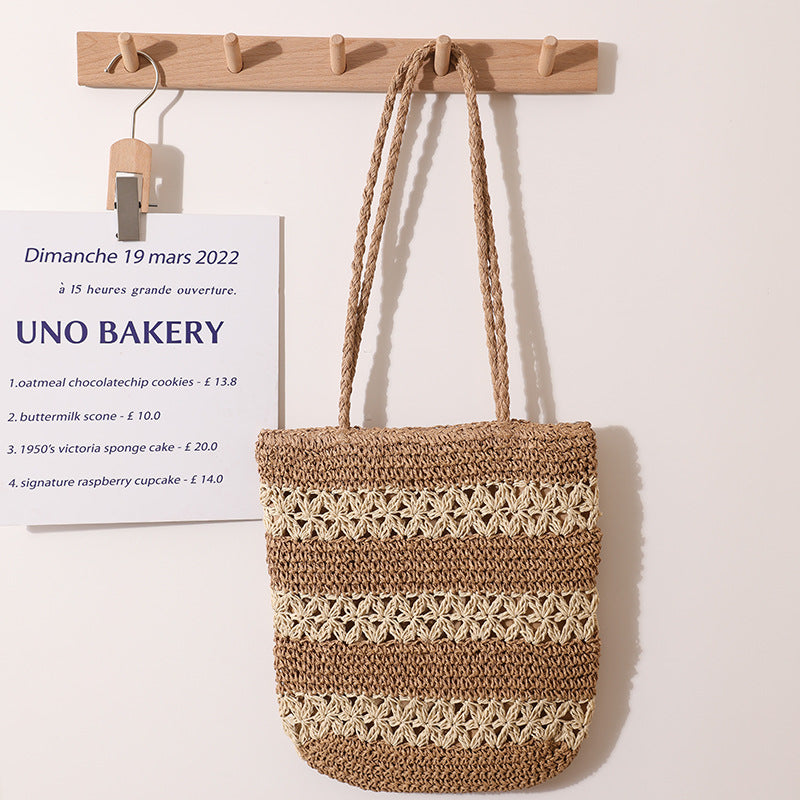 French Hollow Out Cutout Straw Bag Woven Bag One Shoulder Portable Large Capacity Handmade Women Bag Summer Seaside Vacation Beach Bag