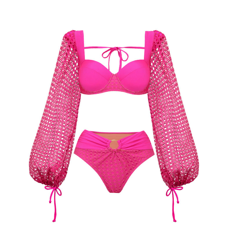 Hollow Out Cutout out Long Sleeve Two Piece Swimsuit Women High Waist Bikini