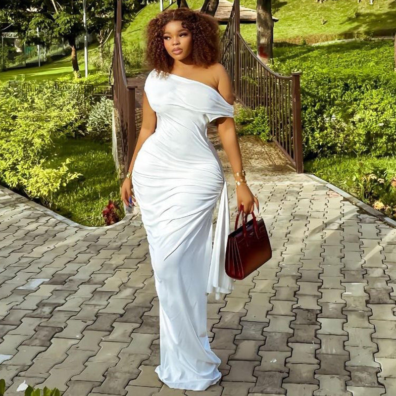 Women Clothing Solid Color Raglan Sleeve Dress Diagonal Collar Casual Ribbon Pullover