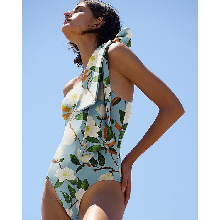 Oblique Shoulder Bow Bandage One Piece Swimsuit Women Suit