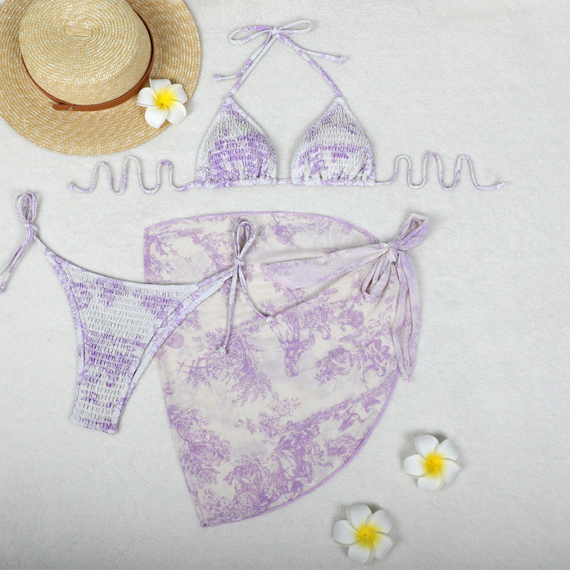 Printed Bikini Three Piece Gauze Skirt Split Sexy Vacation Bikini Swimsuit