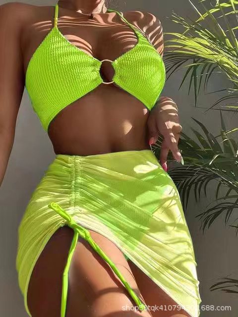 Spring Summer Women Swimsuit Slim Solid Color Sexy Halter Three Piece Set