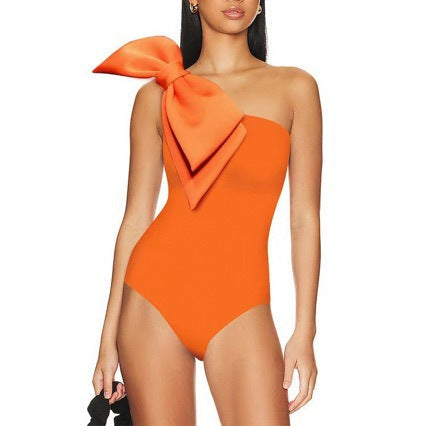 French Swimsuit Solid Color Pleating Oblique Shoulder Bow Two Piece Swimsuit Women