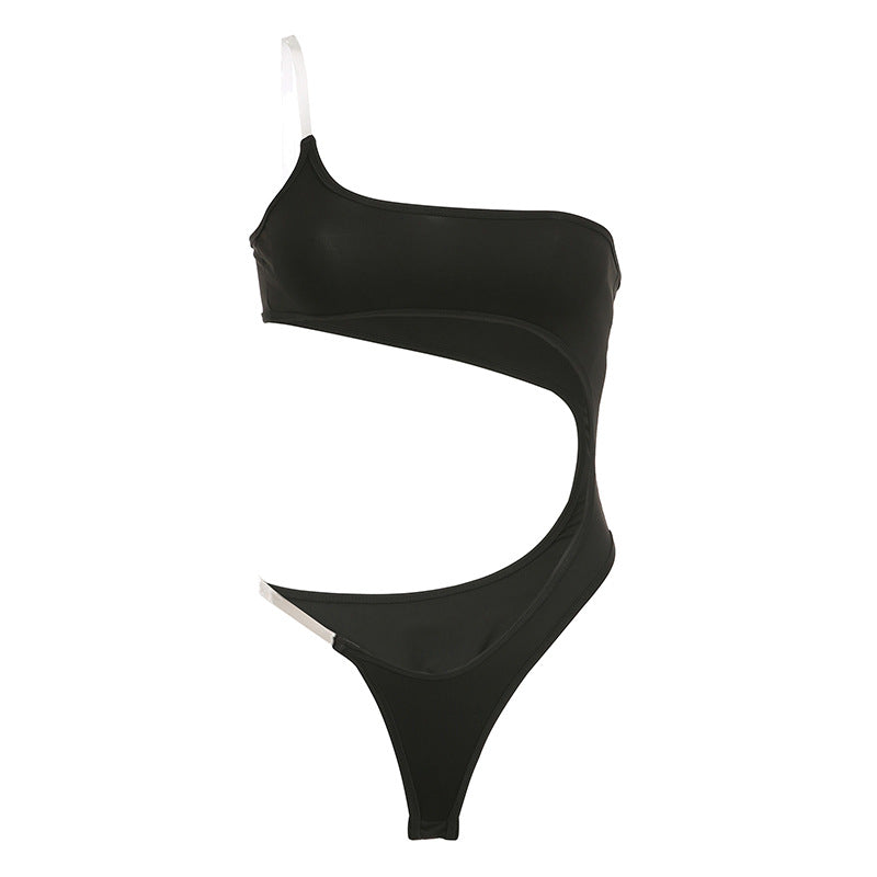 Sexy Jumpsuit See through Bra Straps Asymmetric Tube Top Hollow Out Cutout Seaside Vacation Swimsuit One Piece Bikini