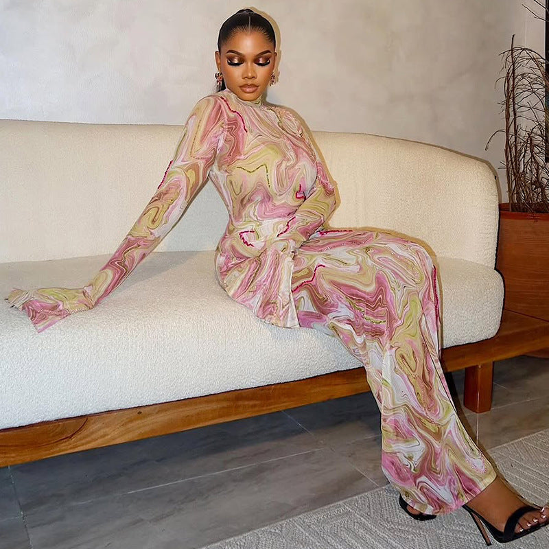 Slim Fit Slimming Women Printed Hip Home Comfortable Stand Collar Long Sleeve Length Dress