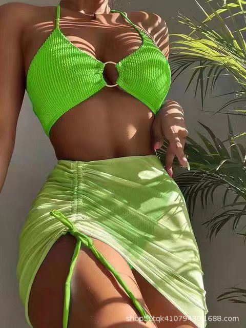 Spring Summer Women Swimsuit Slim Solid Color Sexy Halter Three Piece Set