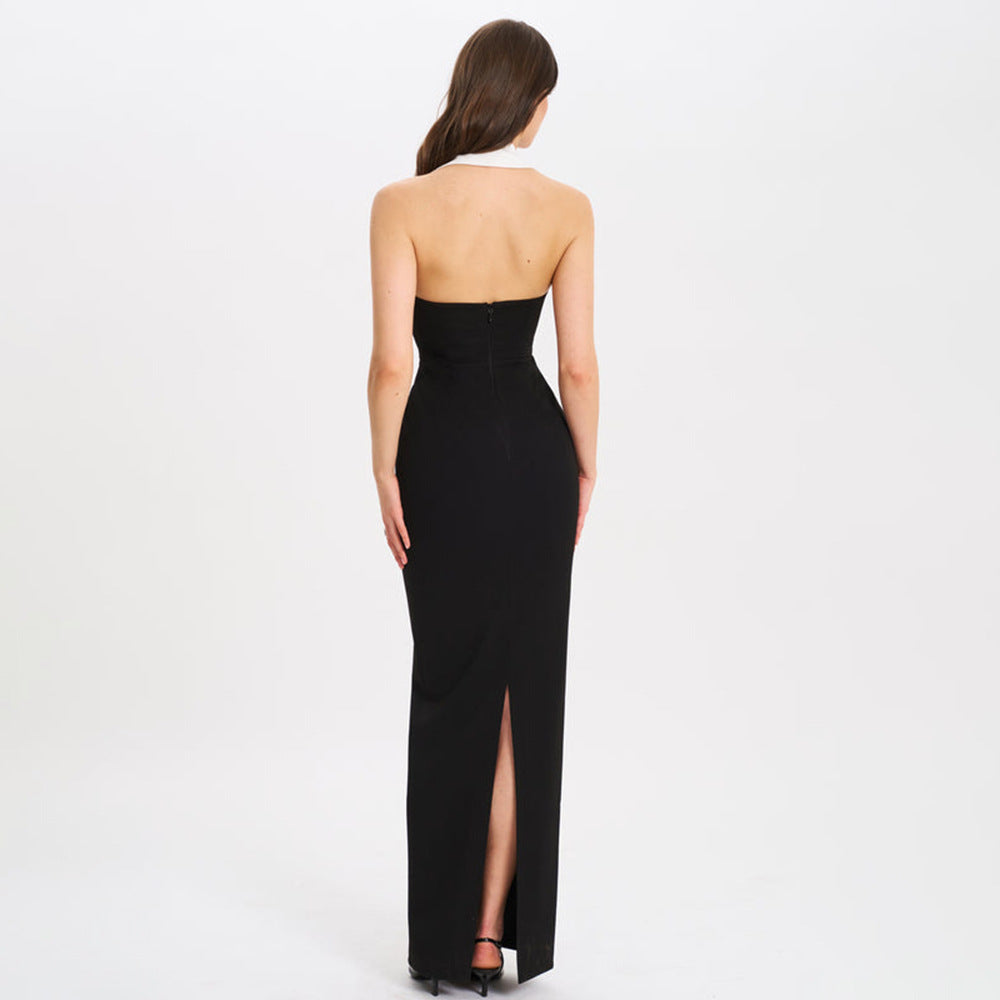 Spring Summer Elegant Collared Dress Sexy Backless Slit Slimming Dress