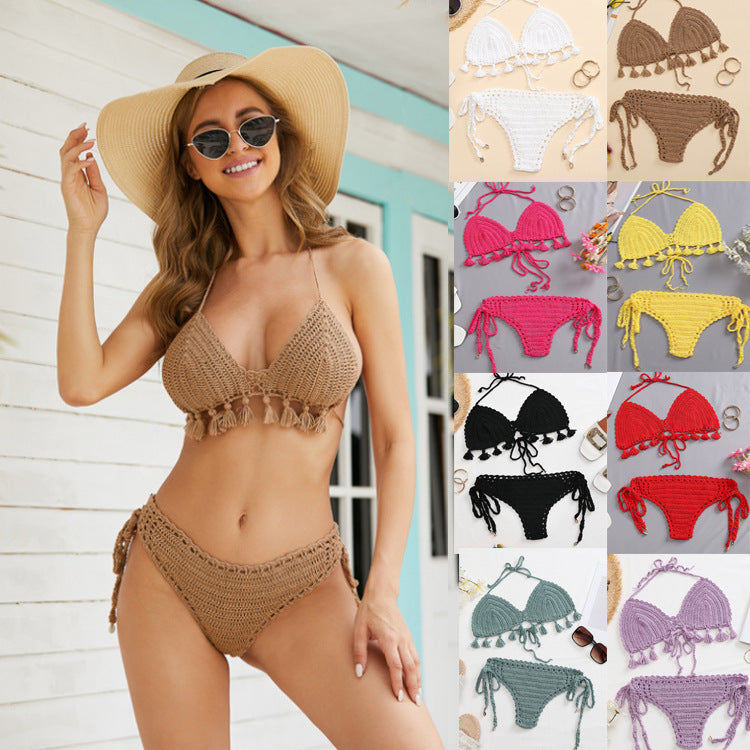 Beach Vacation Knitted Hand Crocheting Sexy Bikini Tassel Shell Strap Split Suit Multi-Color Optional Crochet hook