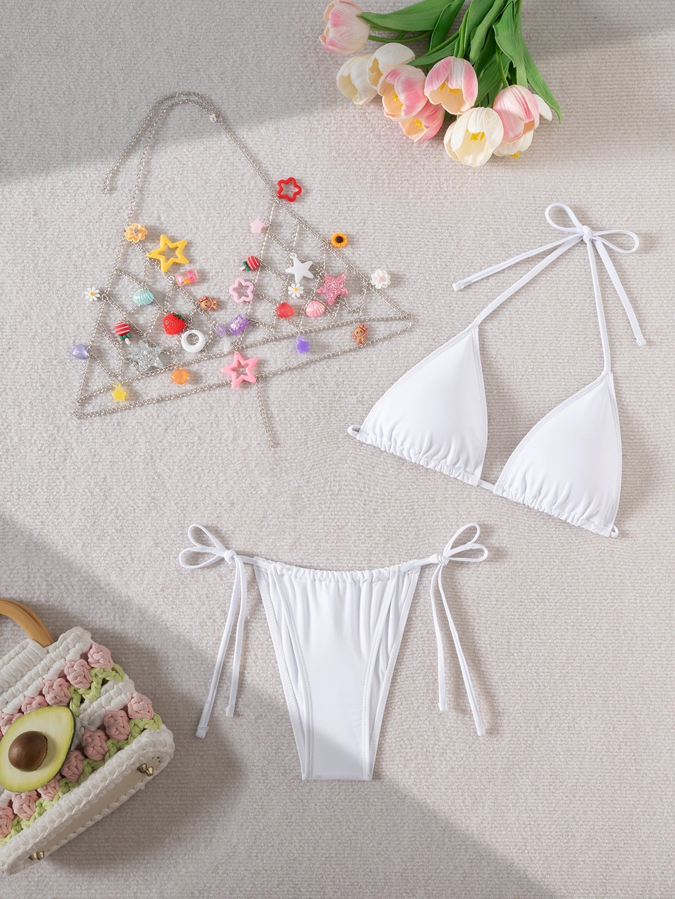 Sexy Split Swimsuit Rainbow Color Ornament Halter Bikini Swimsuit Ladies