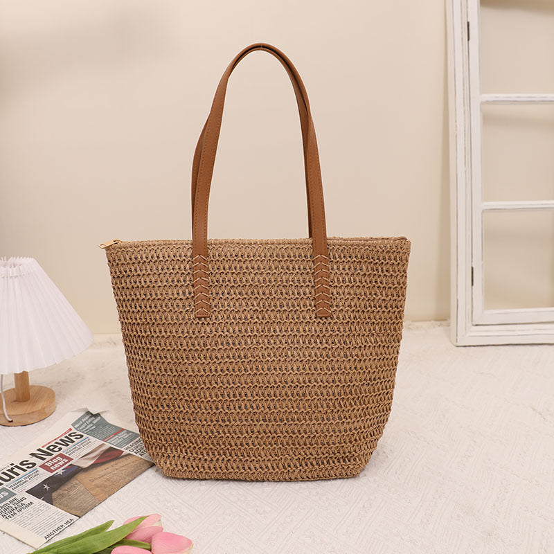 Simple Shoulder Large Capacity Straw Bag Women Summer Straw Bag Woven Bag Seaside Vacation Beach Bag Rattan Weave Bag