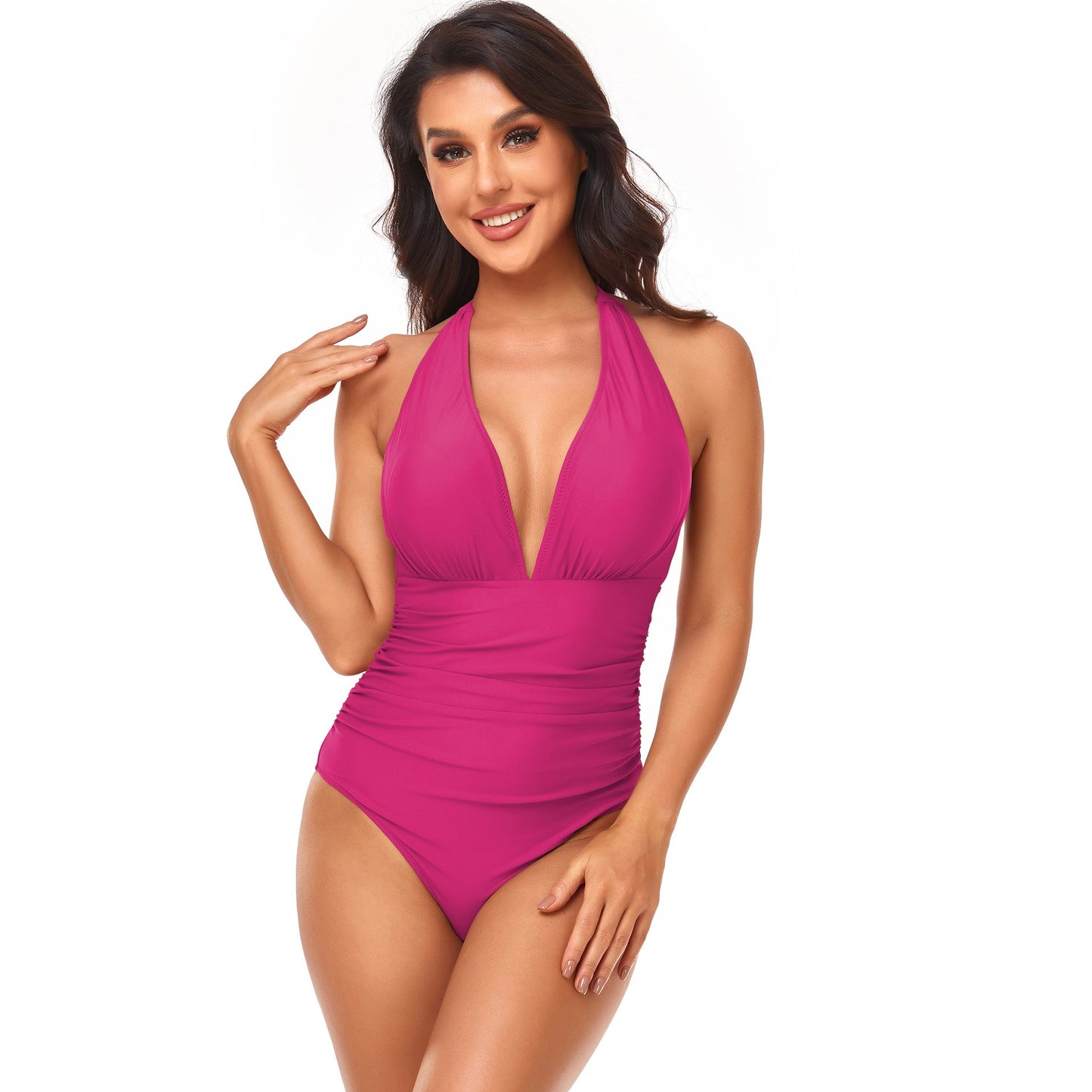 Solid Color One Piece Swimsuit Pleating Halter Swimsuit Popular One Piece Swimsuit
