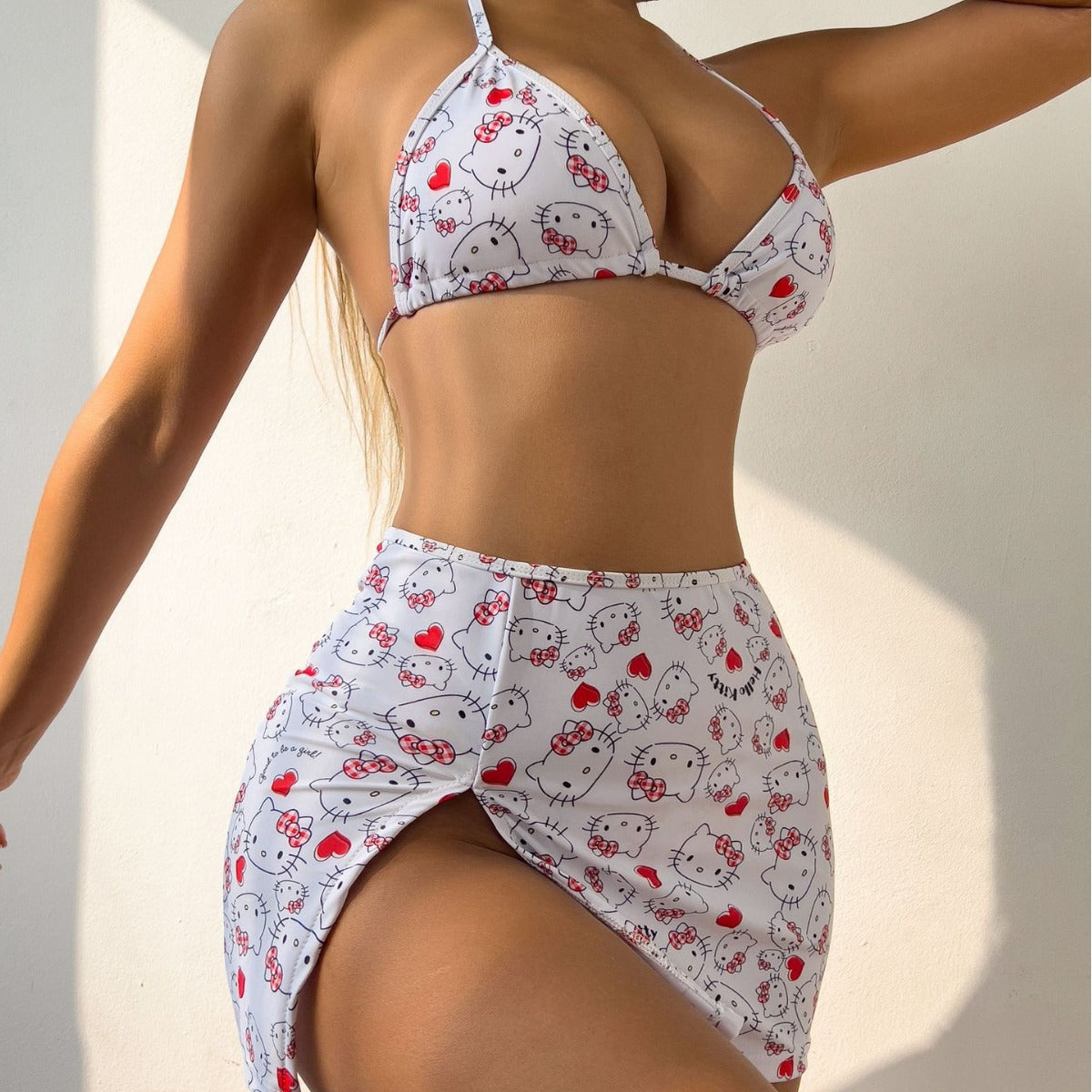 Kitty Cat Printed Three Piece Set Fresh Bikini Women Split Swimsuit