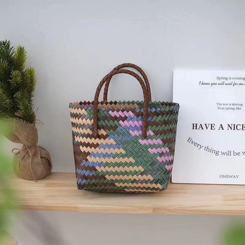 Retro Color Portable Straw Weaved Bag Square Hand Woven Bag Vacation Beach Bag Women Bag