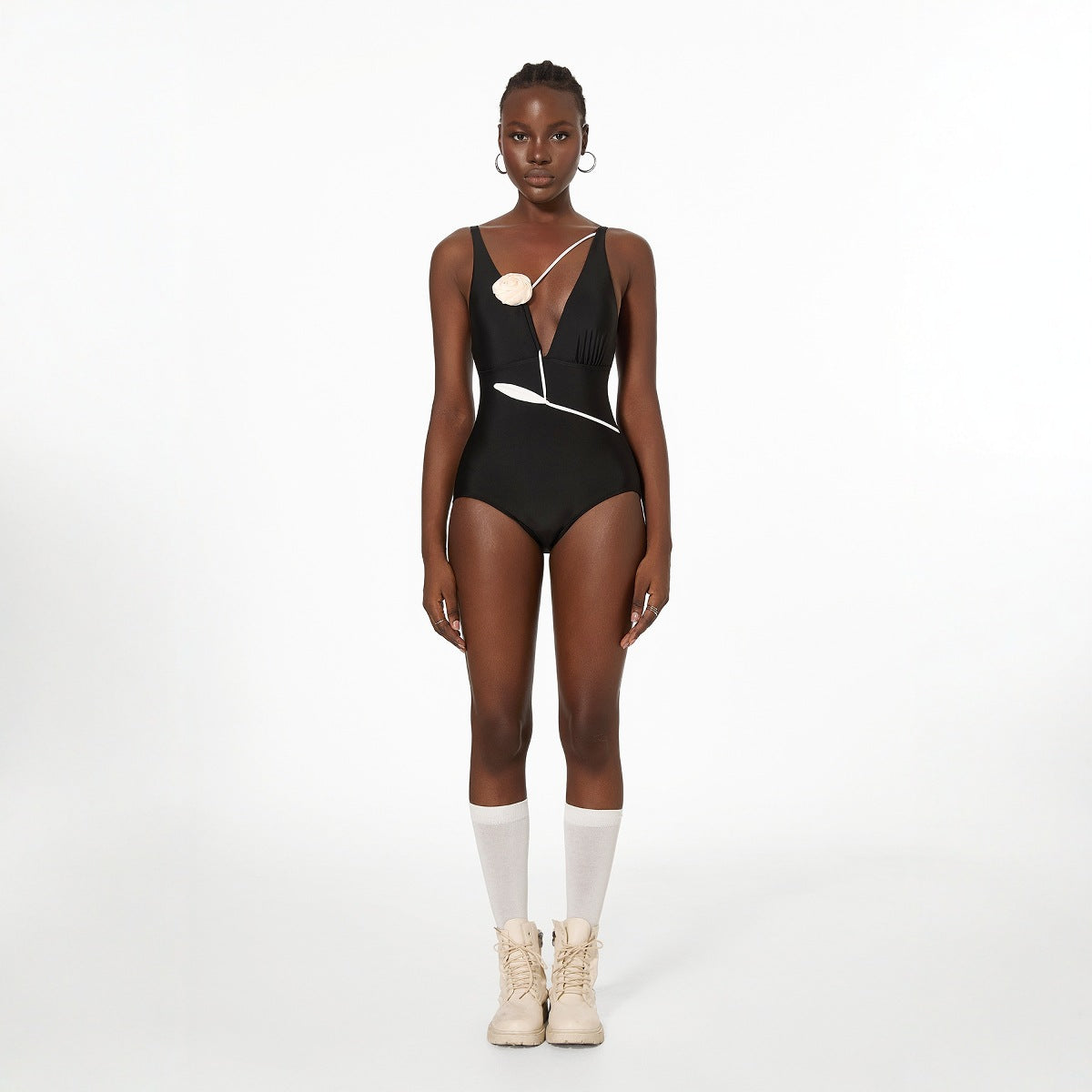 One Piece Swimsuit French V neck Slimming Handmade Three Dimensional Rose Seaside Vacation Swimsuit Spring Sexy Deep V Plunge Summer