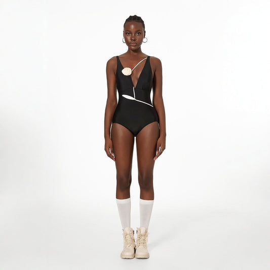 One Piece Swimsuit French V neck Slimming Handmade Three Dimensional Rose Seaside Vacation Swimsuit Spring Sexy Deep V Plunge Summer