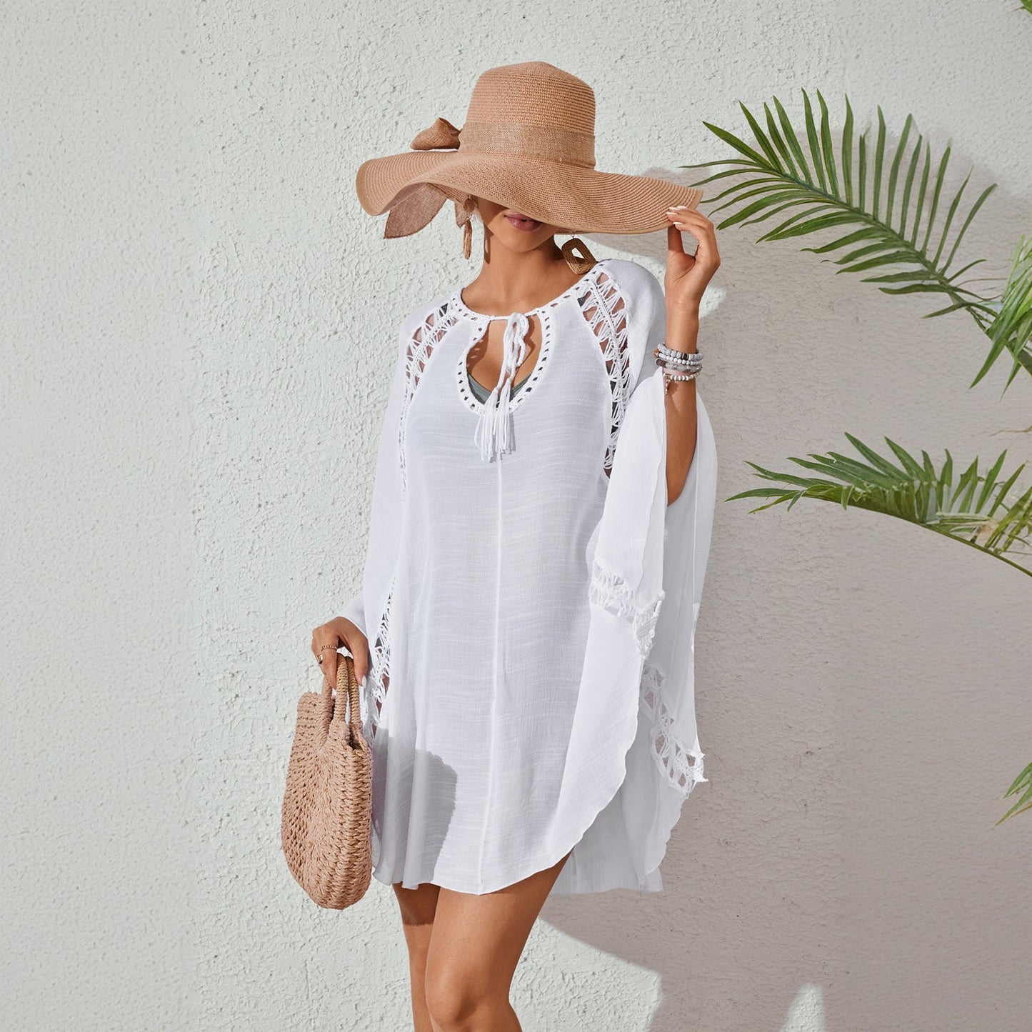 Women Bow Tie Pullover Bikini Swimsuit Blouse Solid Color Loose Sun Proof Clothes