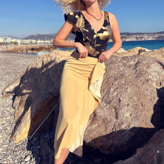 Black Gold High Grade Ruffled Lace up One Piece Swimsuit Women Skirt Slimming Two Piece Sets