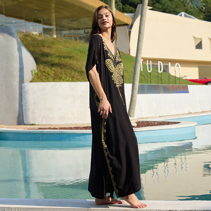 Rayon Embroidered Holiday Dress Women Loose Beach Long Robe Swimsuit Outwear Blouse Sun Protective Clothing