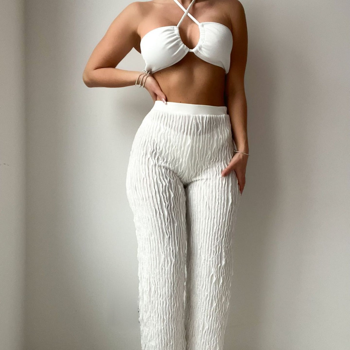 Solid Color Thread Fabric Halter Bikini Trousers Three Piece Set Sexy Swimsuit