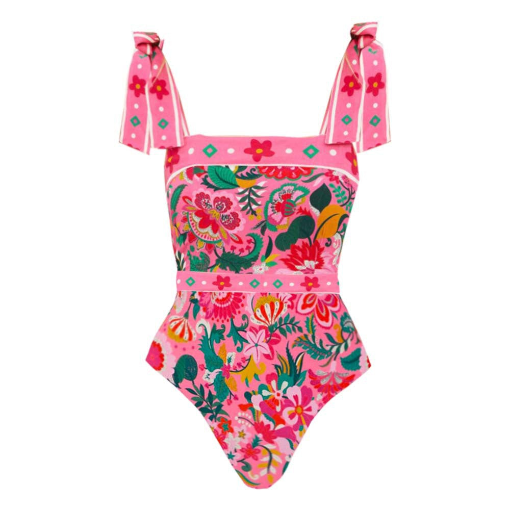 Printed Bow Shoulder Strap One Piece Swimsuit Women