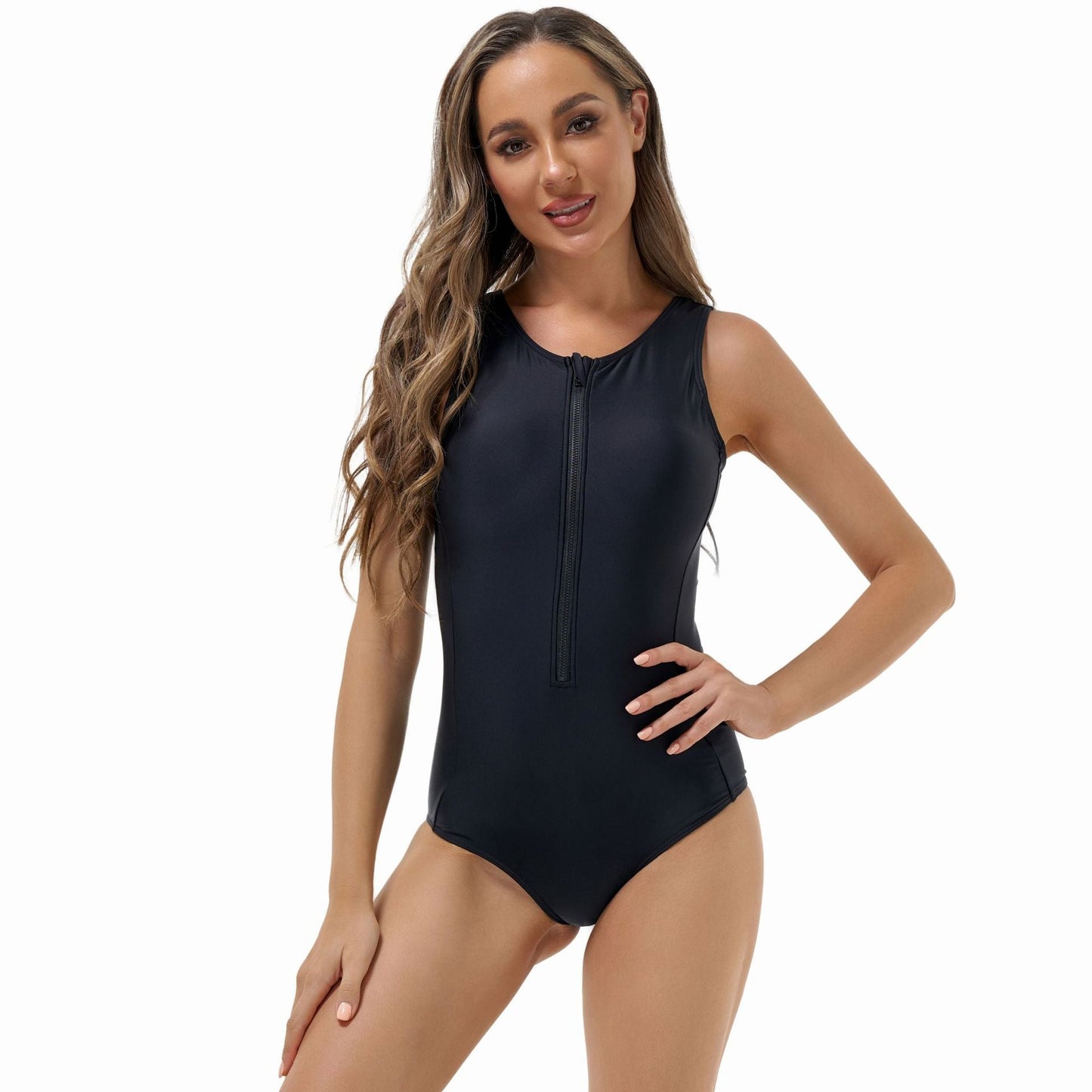 Ladies Surfing Suit Solid Color Sleeveless Triangle One Piece Swimsuit Conservative Swimwear