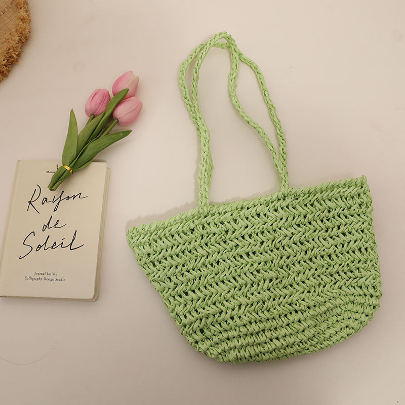 One Shoulder Straw Bag Simple Hollow Out Cutout out Straw Bag Woven Bag Summer Sweet Portable Seaside Vacation Beach Bag Women