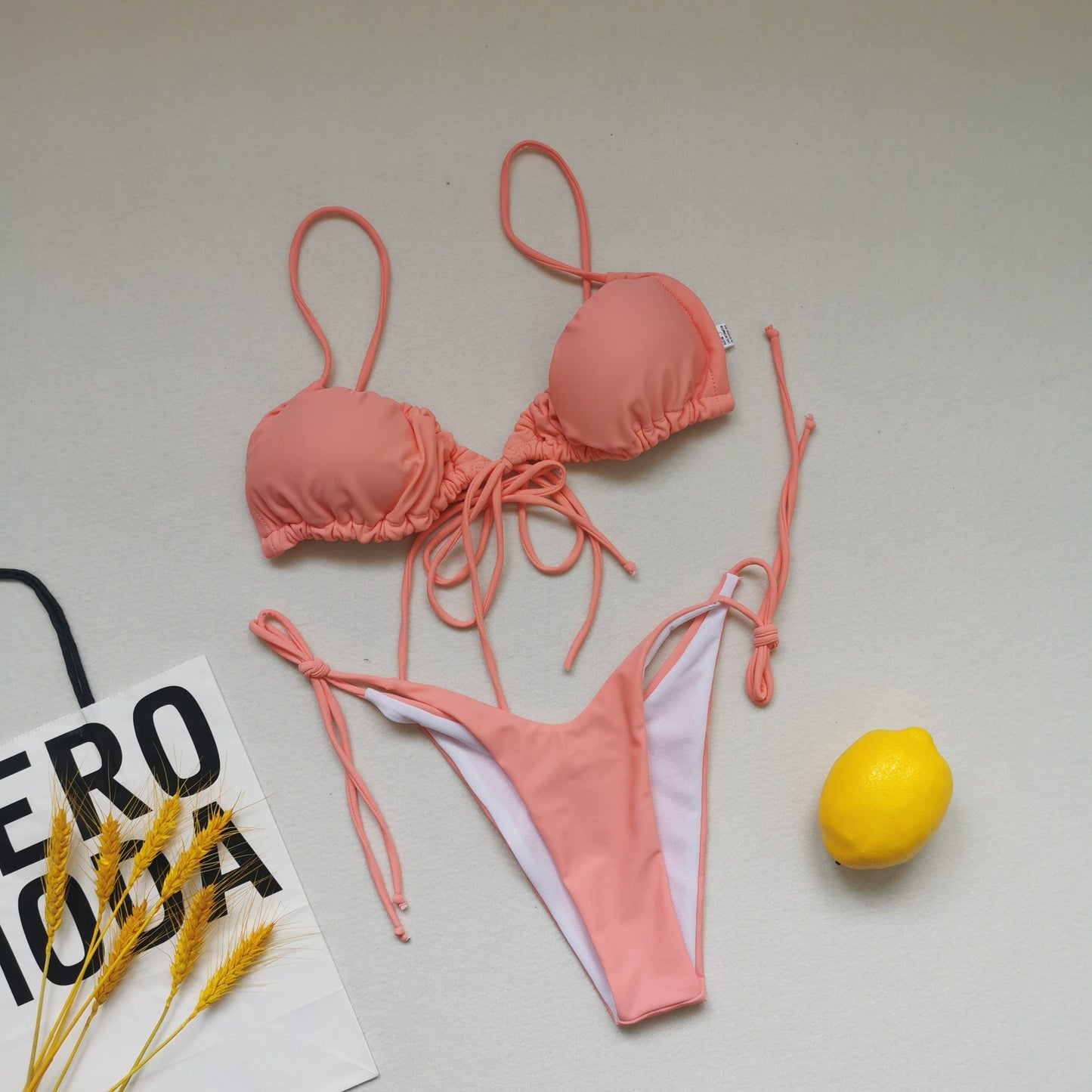 Sling Bandage Swimsuit Women Pleated Push up Drawstring Sexy Solid Color Bikini Swimsuit