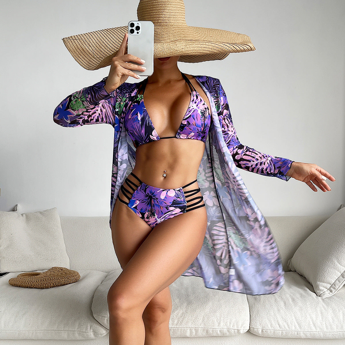Swimsuit Women Split Three Piece Suit Internet Long Sleeves Printed Bikini Swimsuit