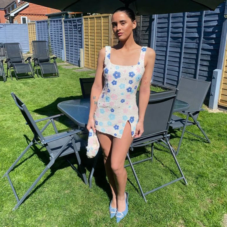 Spring Summer Colorful Floral Diamond Lattice Sequ Split Sheath Sexy Dress