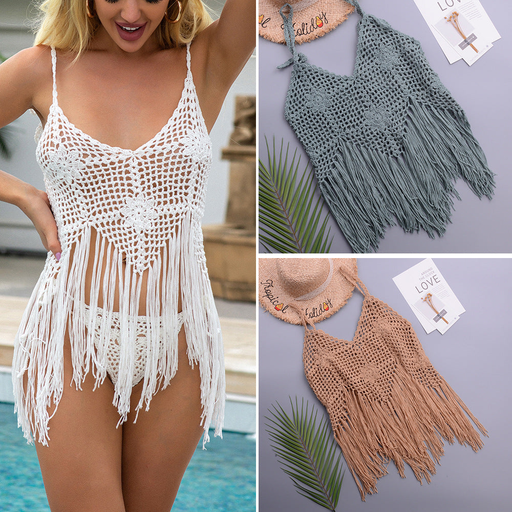 Vacation Beach Tassel Pure Hand Crocheting Woven Split Swimsuit V-neck Lace up Top Women Crochet
