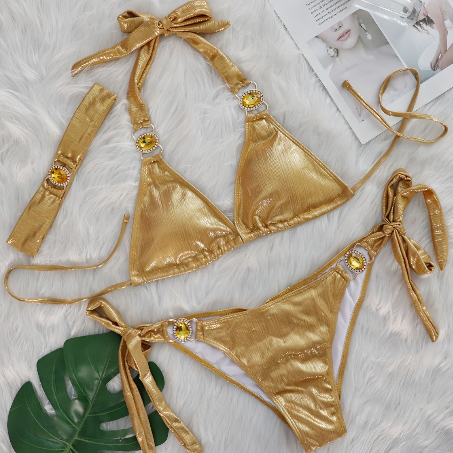 Sexy Bikini Crystal Diamond Three Piece Split Swimsuit Beach Shiny Women Swimsuit