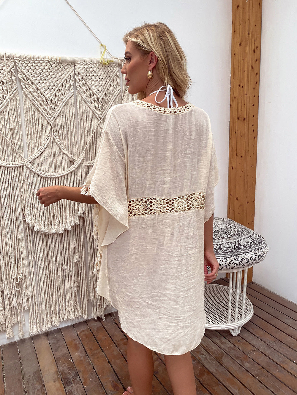 Outdoor Women Clothing Hand Crocheting Stitching Tassel Sexy Midi Dress Loose Sun Protection Beach Cover Up